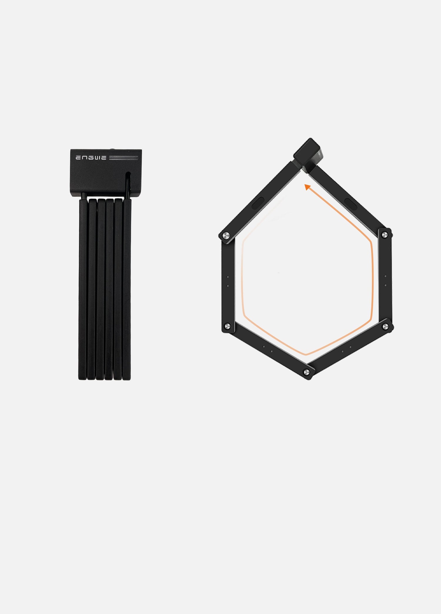 It displays the ENGWE folding bicycle lock in its compact form on the left, and on the right, it shows the lock unfolding into a hexagonal shape for easy and secure bike locking.