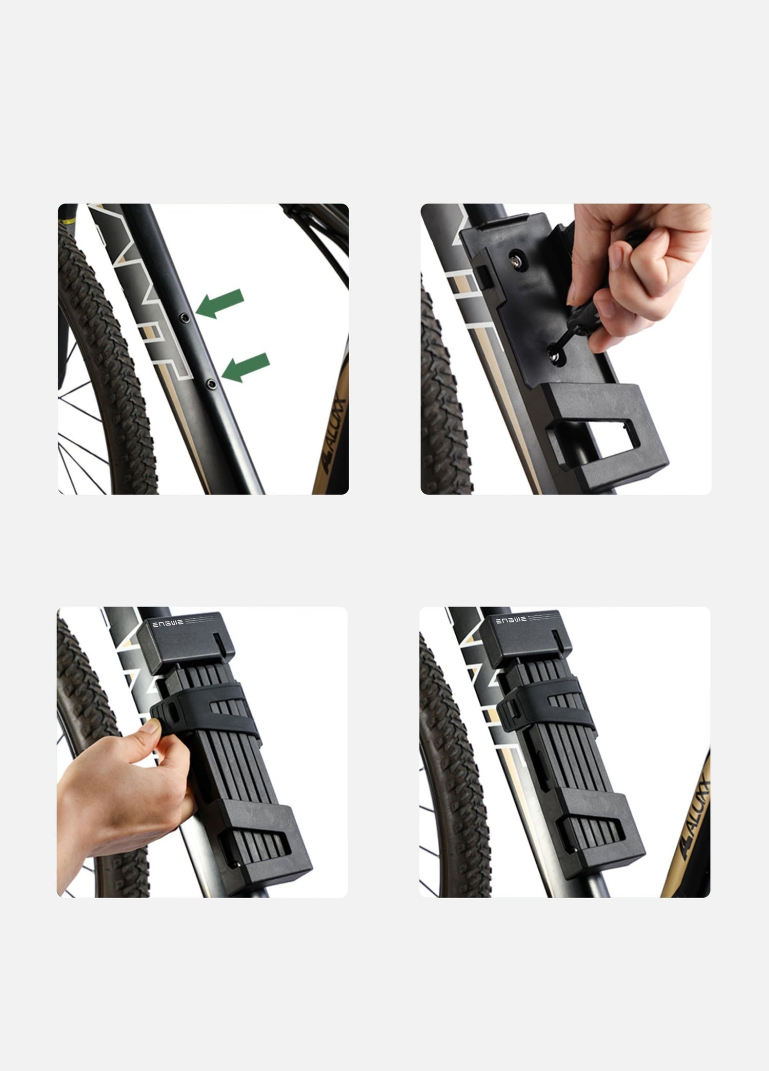 It  demonstrates the installation process of the ENGWE folding bike lock, showing how to securely mount it onto a bike frame using screws and the included bracket for easy storage and access.
