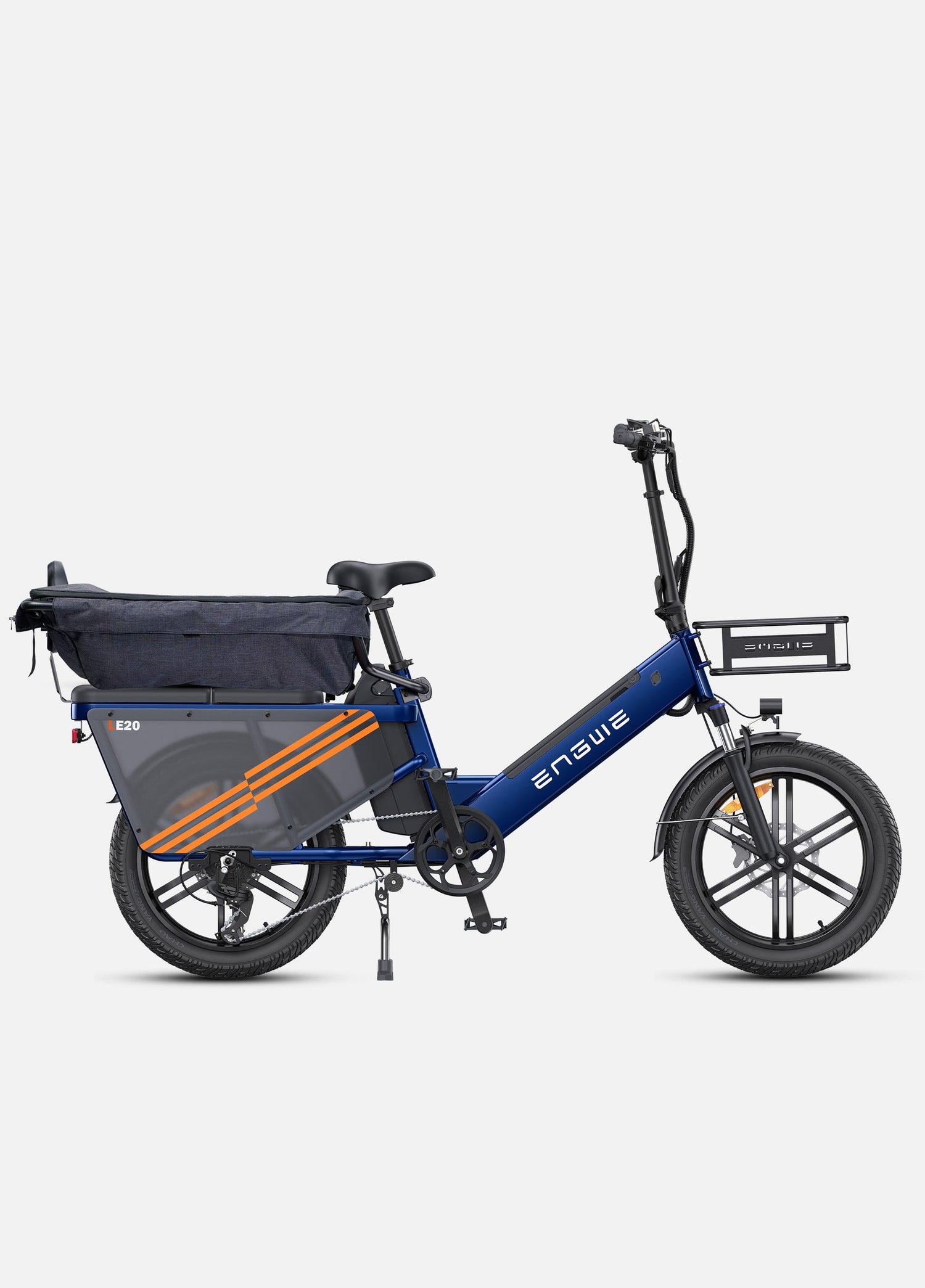 a blue engwe le20 step through electric bicycle with a rear basket