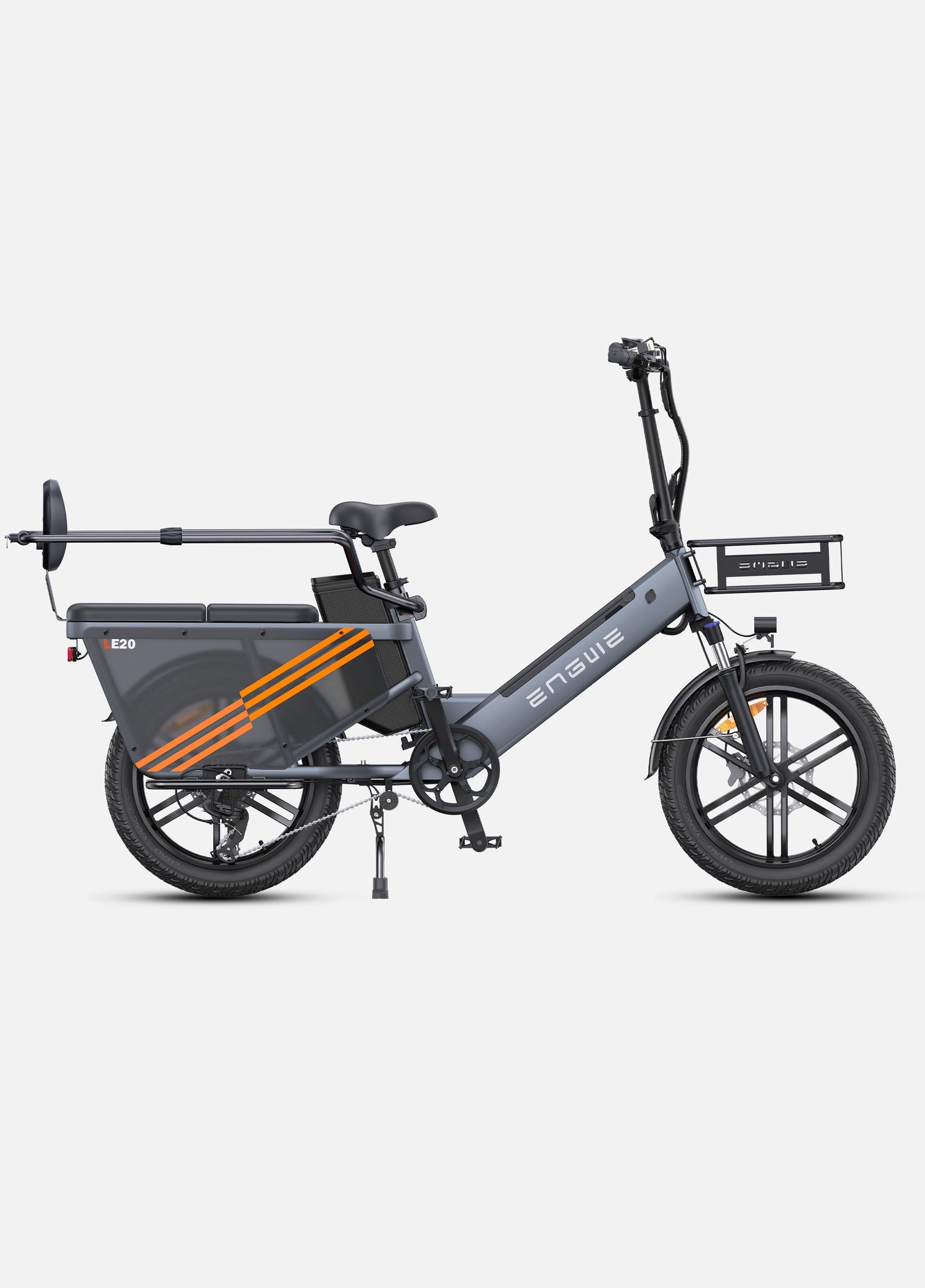 a grey engwe le20 e-bike with rear guardrail and backrest